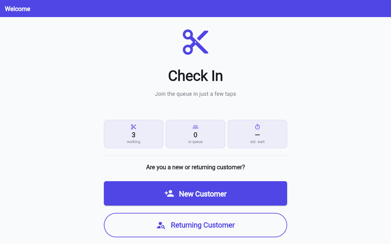 FirstInQ™ kiosk welcome screen from the public demo