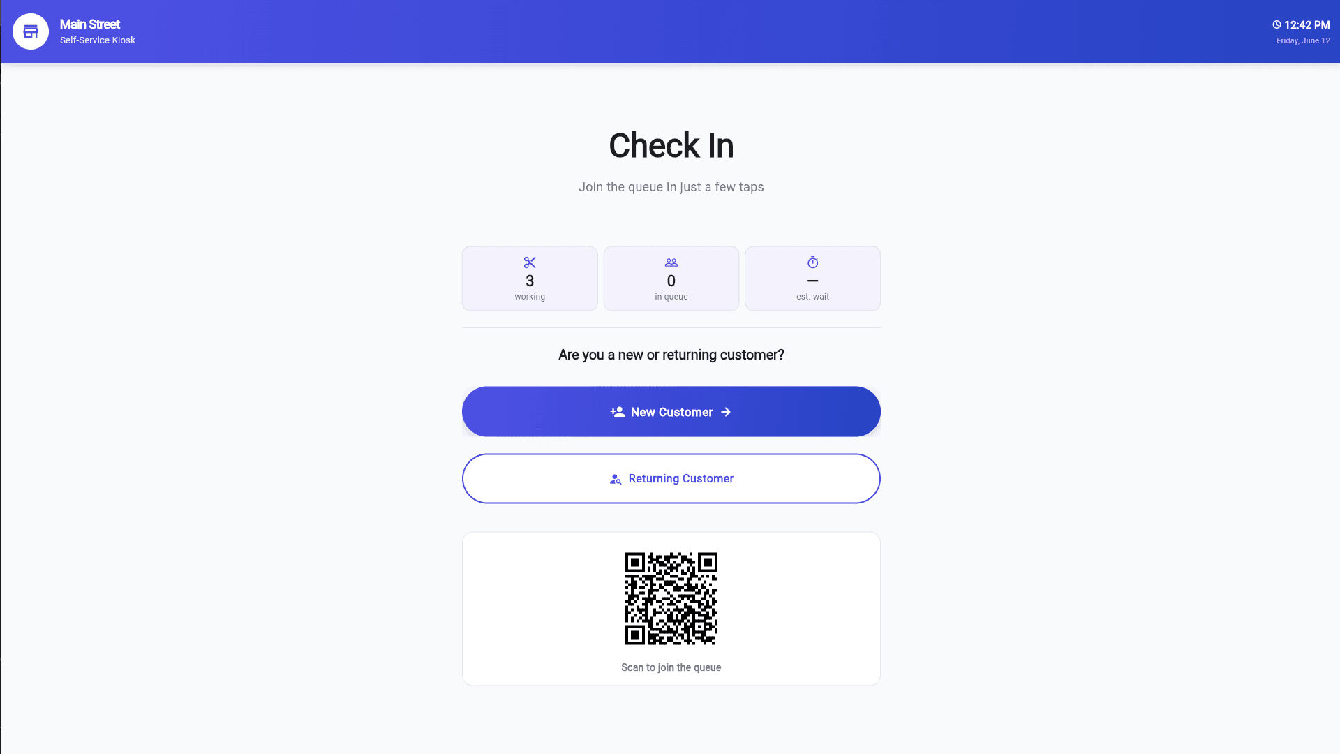 FirstInQ™ kiosk QR code check-in screen