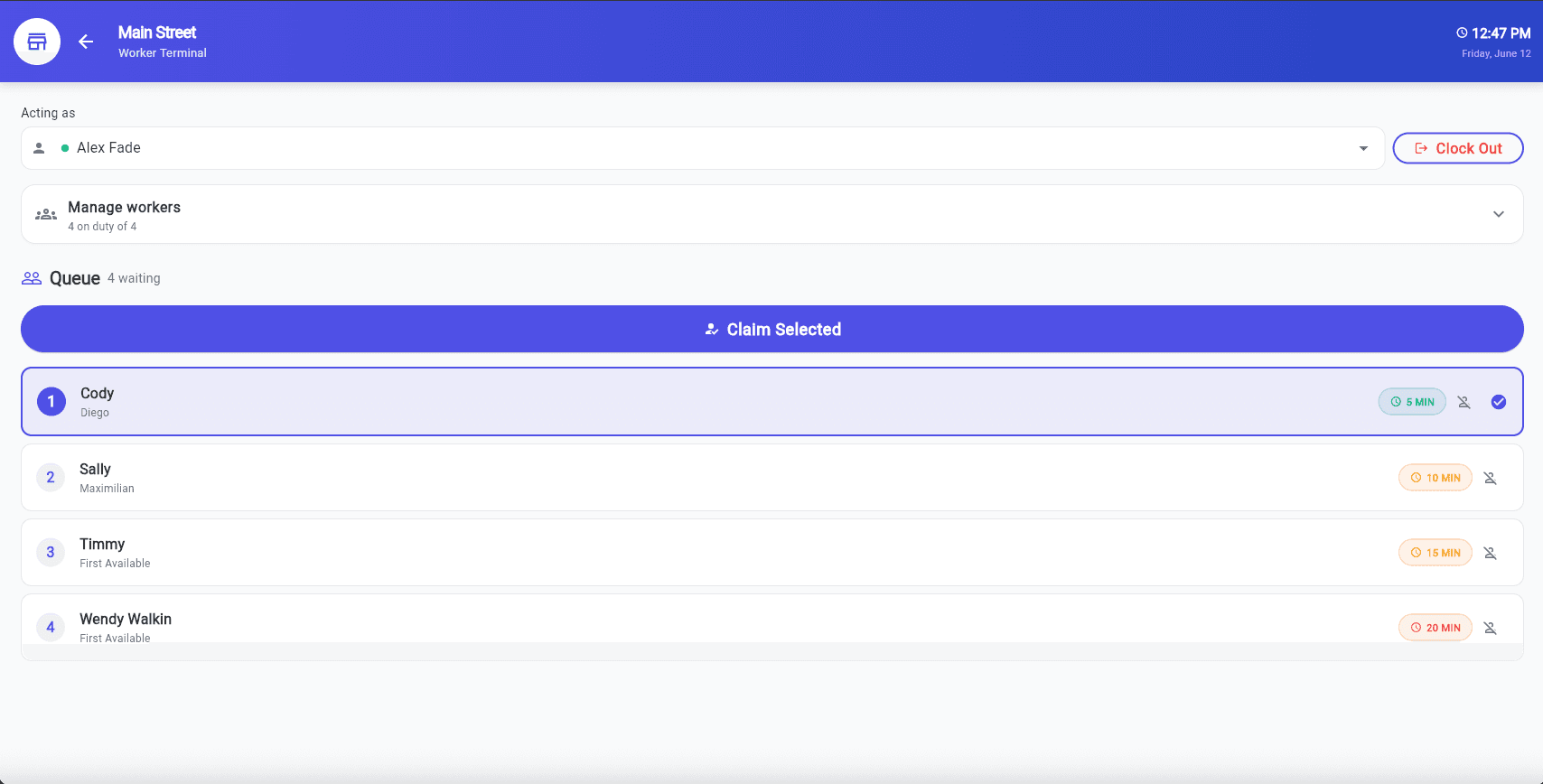 FirstInQ™ worker terminal showing waiting customers